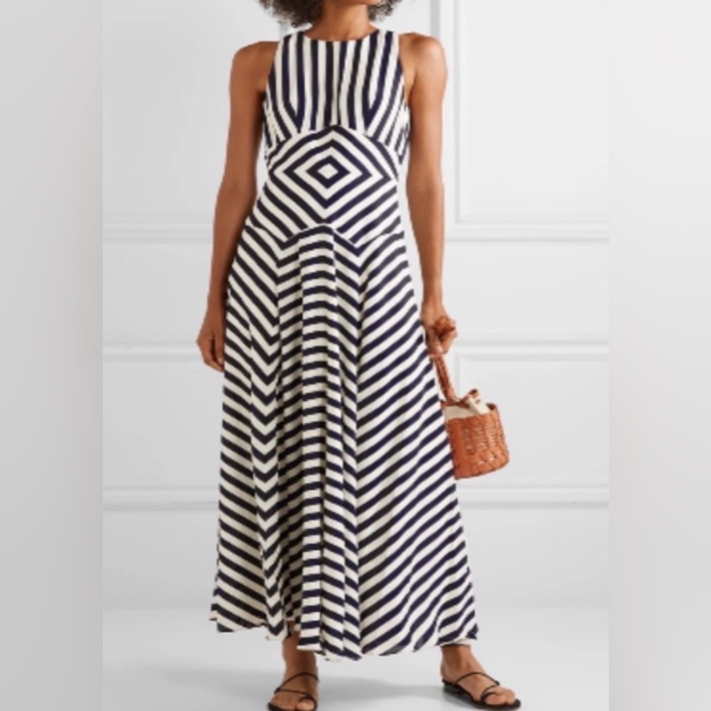 NWT J.Crew Sleeveless High-neck Geometric Stripe‎ Maxi Dress Navy Ivory 2